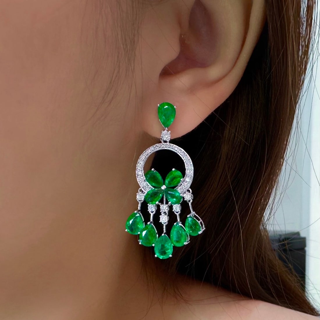 14k Gold 10.75 Ctw Vivid Green Natural Emerald & Diamond Earrings - 4