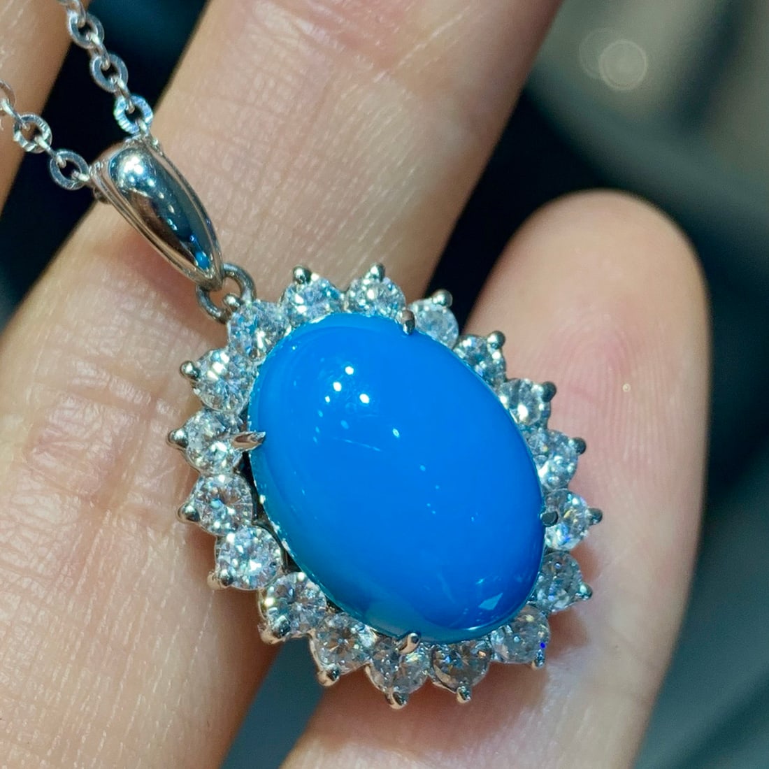 14k Gold 6.11 Ctw Natural Blue Turquoise & Diamond Pendant( Without Chain ) - 2