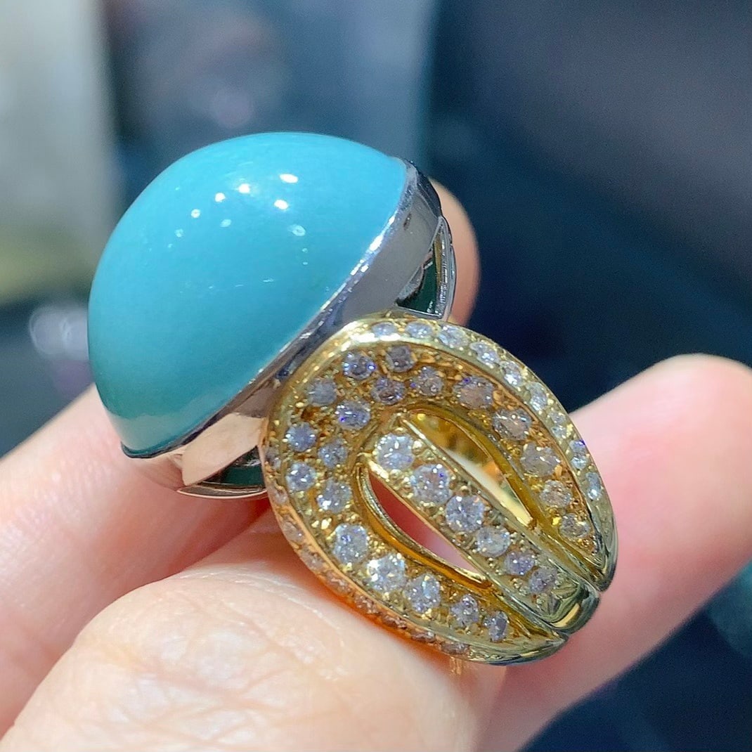 14k Gold 25.66 Ctw Natural Blue Turquoise & Diamond Ring - 3