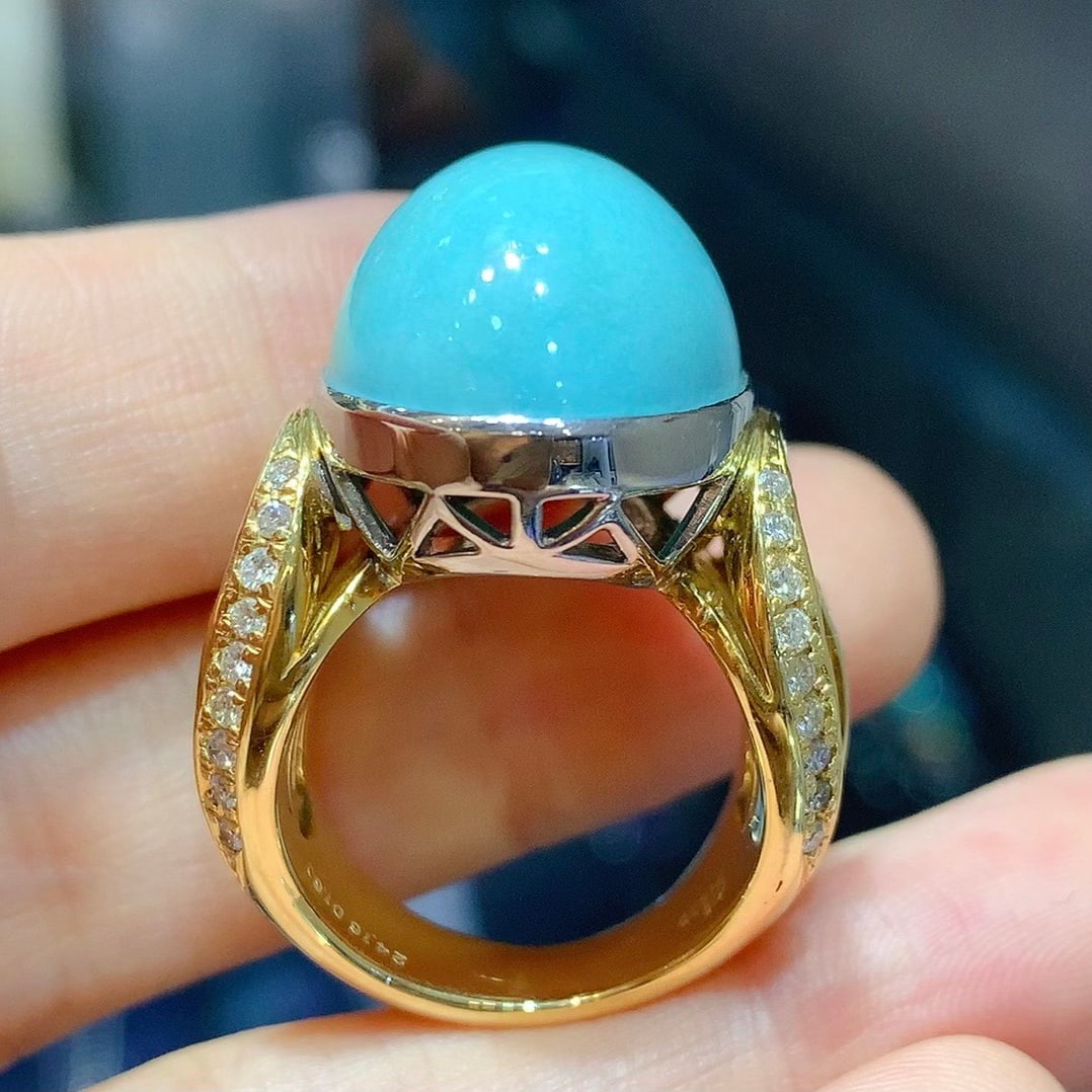 14k Gold 25.66 Ctw Natural Blue Turquoise & Diamond Ring - 4