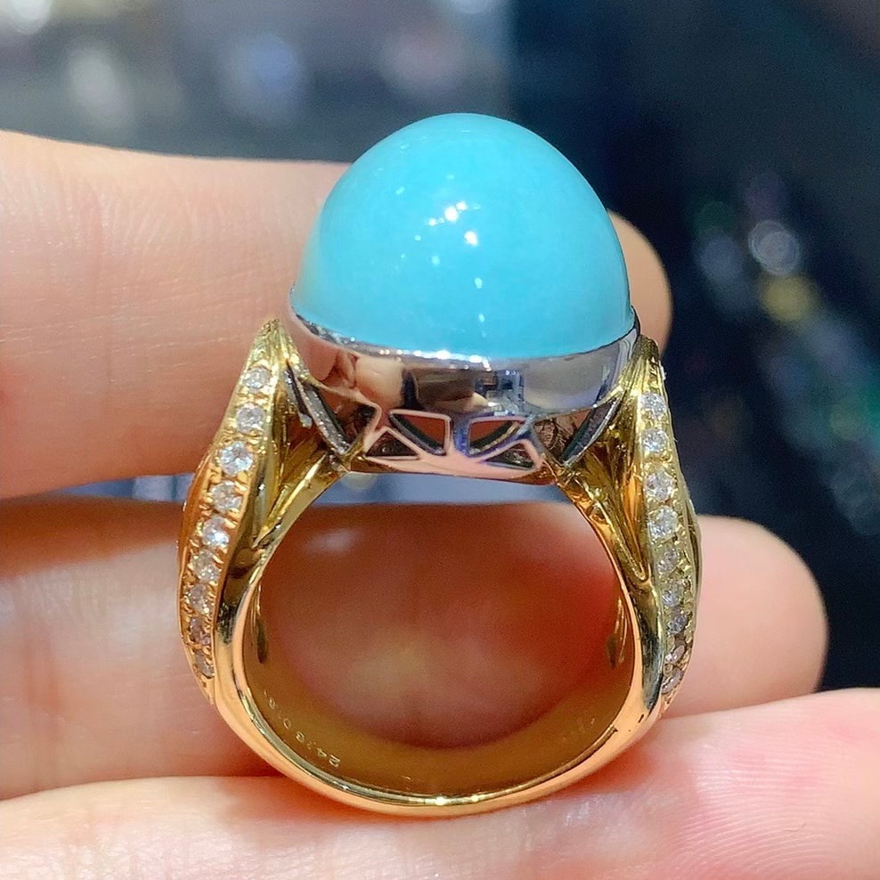 14k Gold 25.66 Ctw Natural Blue Turquoise & Diamond Ring - 5