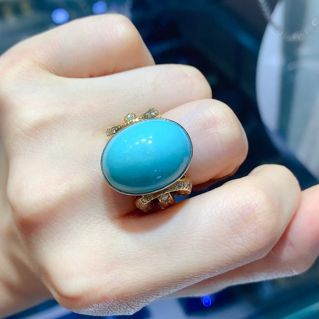 14k Gold 25.66 Ctw Natural Blue Turquoise & Diamond Ring - 9