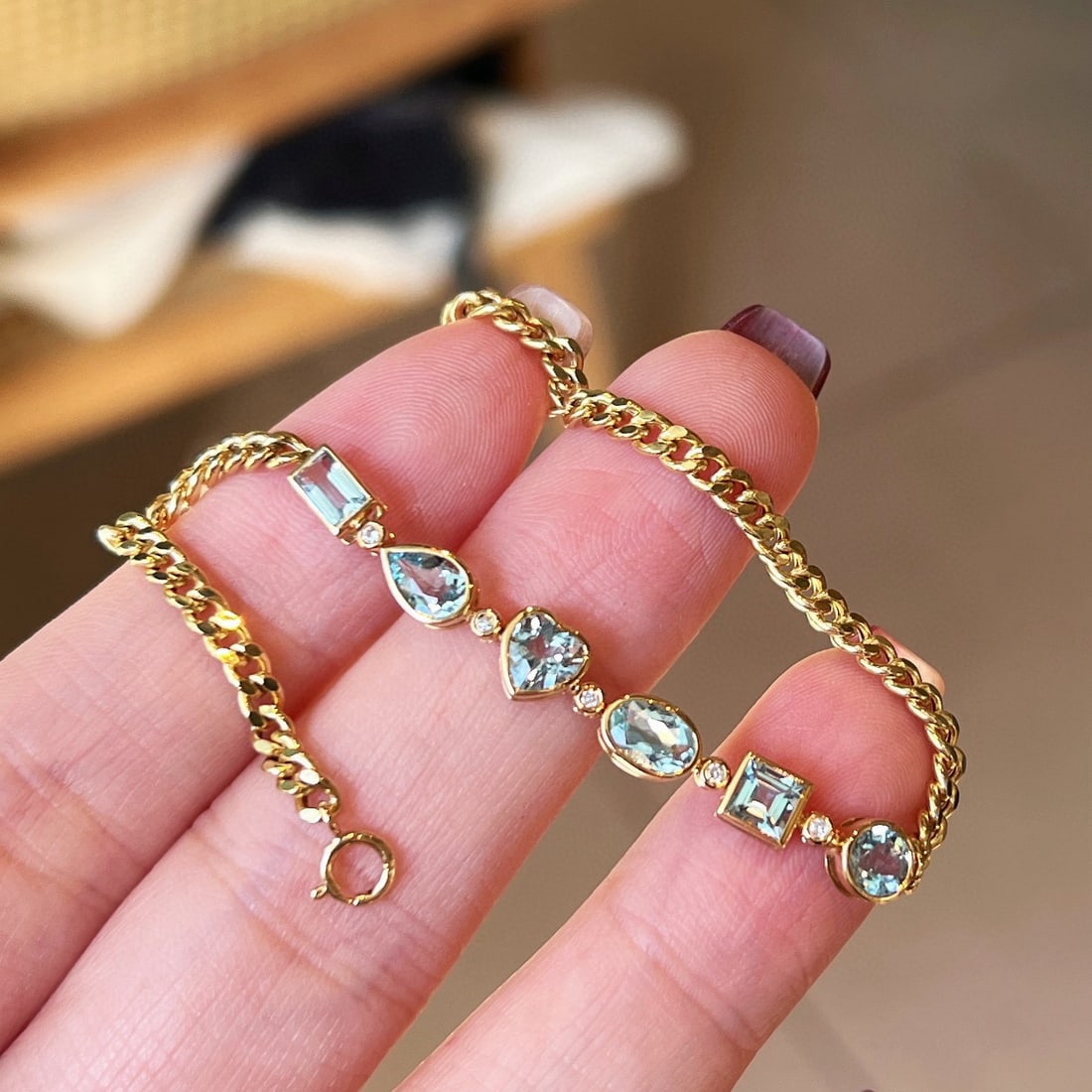 14k Gold 2.7 Ct Natural Aquamarine & Diamond Bracelet - 2