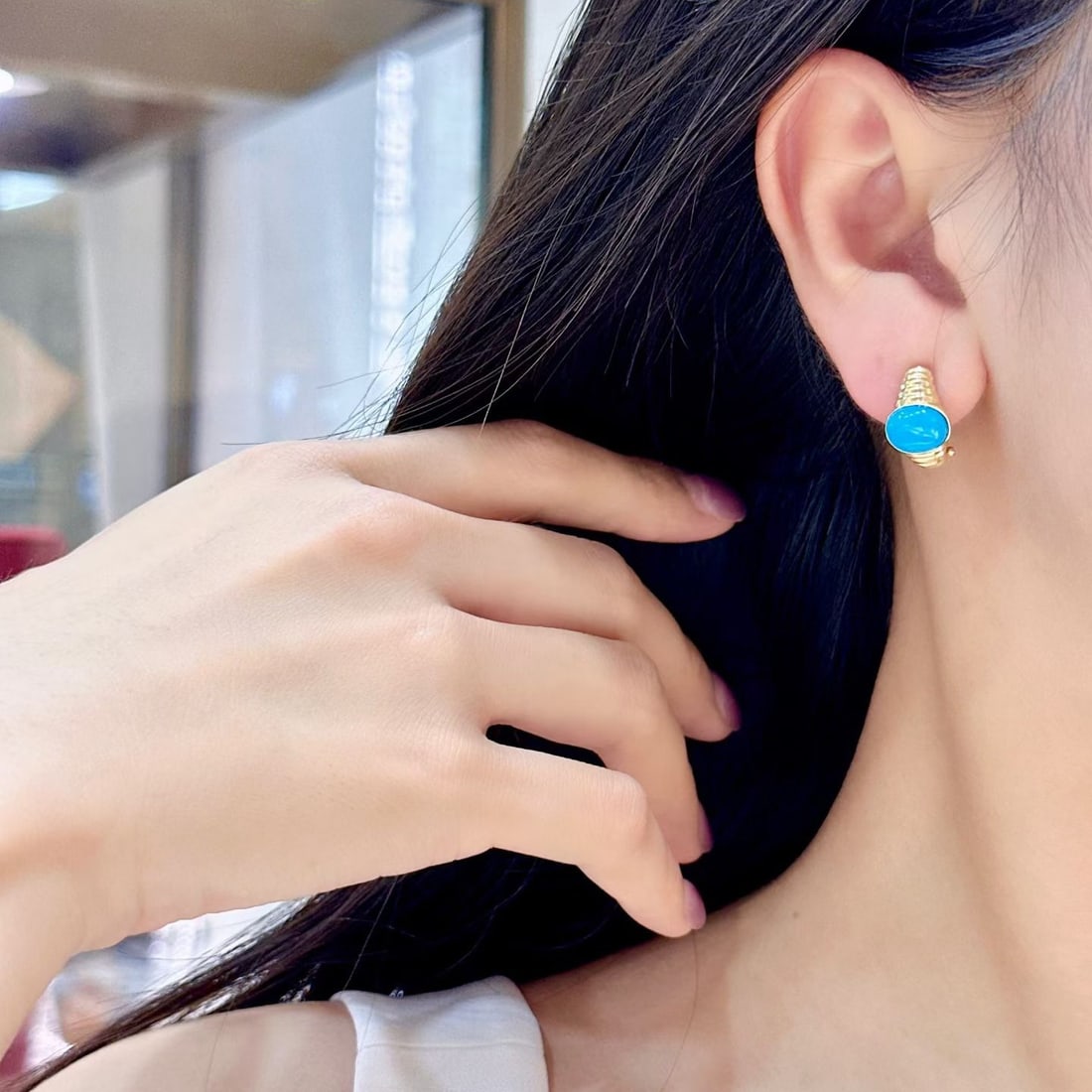 14k Gold 3.59 Ct Natural Blue Turquoise Earrings - 3