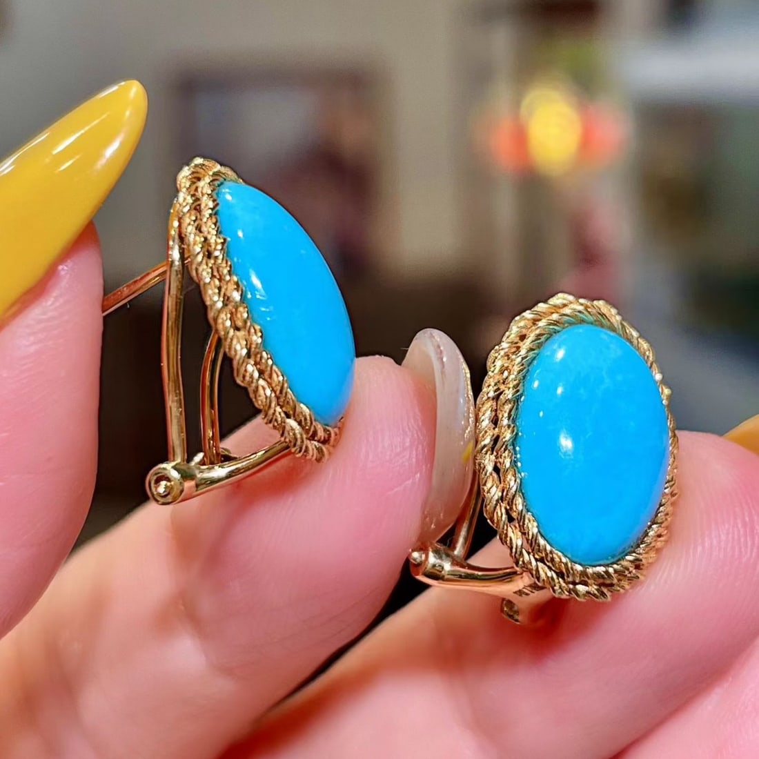 14k Gold 7.83 Ct Natural Blue Turquoise Earrings - 3