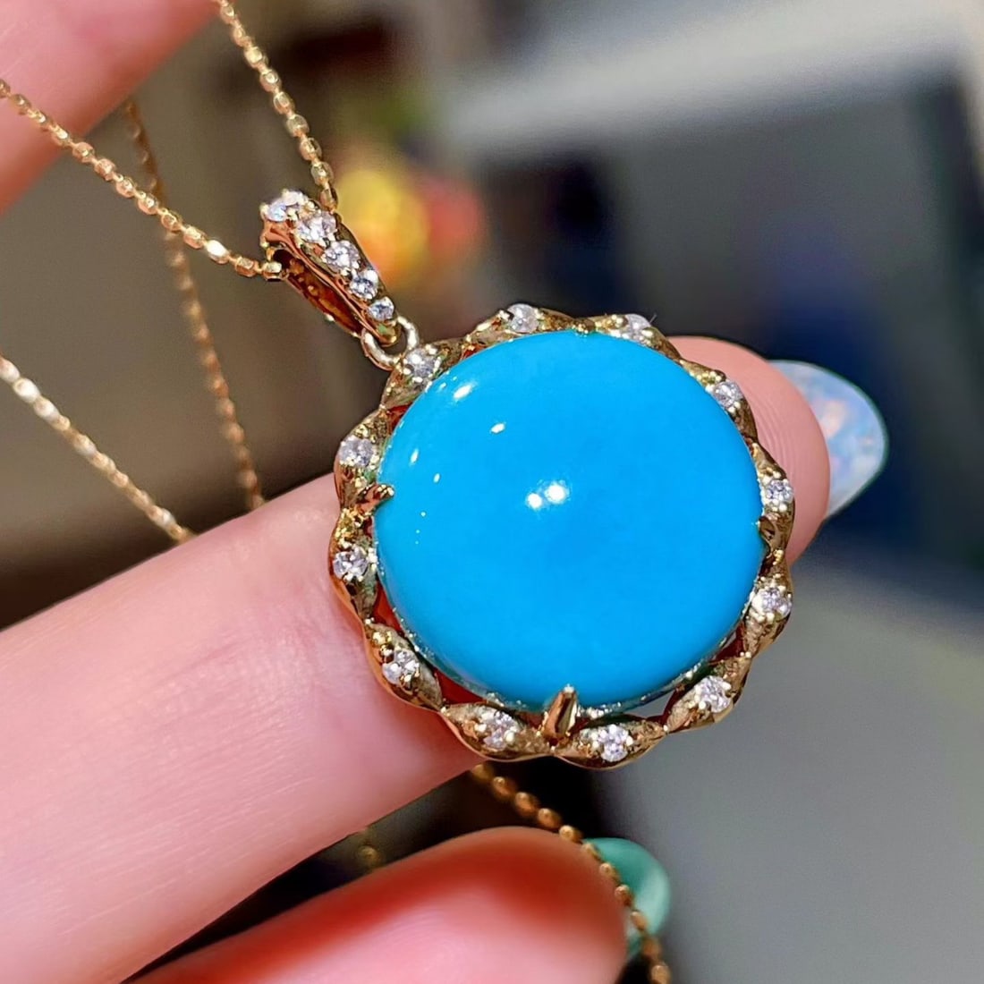 14k Gold 10.50 Ctw Natural Blue Turquoise & Diamond Pendant( Without Chain ) - 2