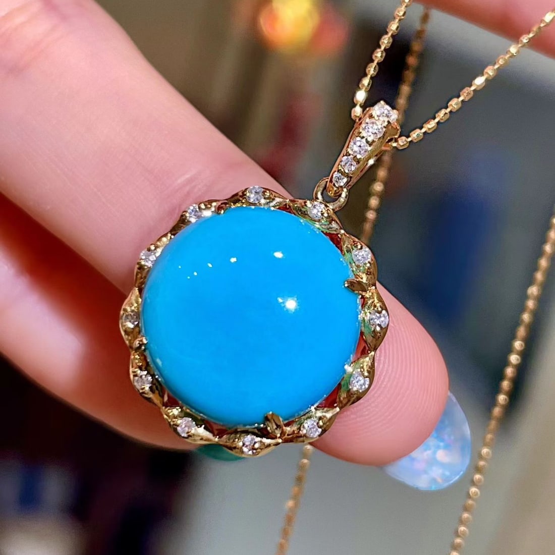 14k Gold 10.50 Ctw Natural Blue Turquoise & Diamond Pendant( Without Chain ) - 3