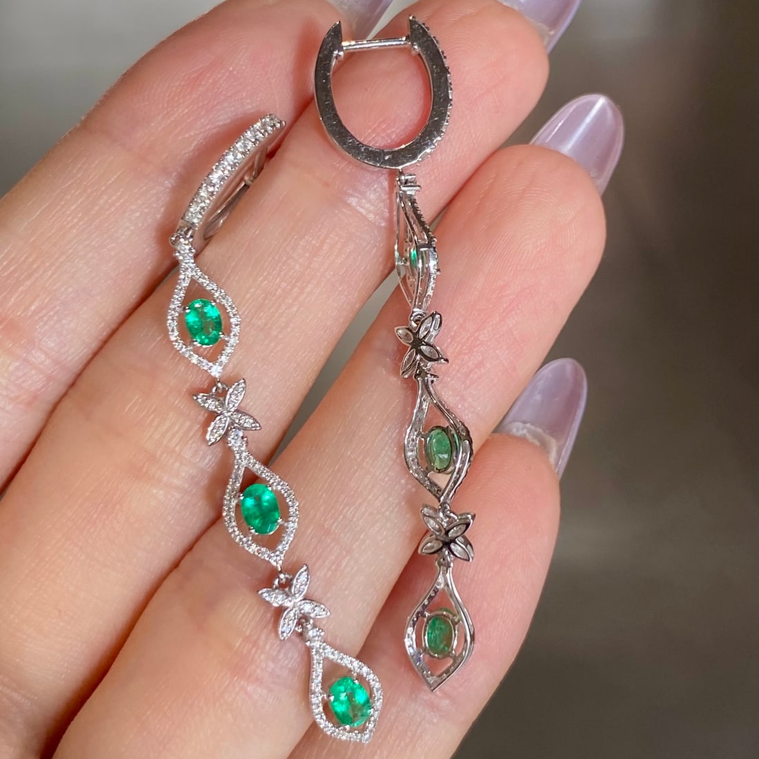 14k Gold 1.56 Ctw Natural Emerald & Diamond Earrings - 2