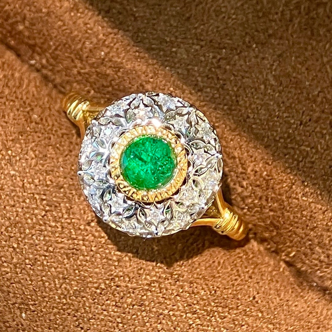 14k Gold 0.66 Ctw Vivid Green Natural Emerald & Diamond Ring - 2