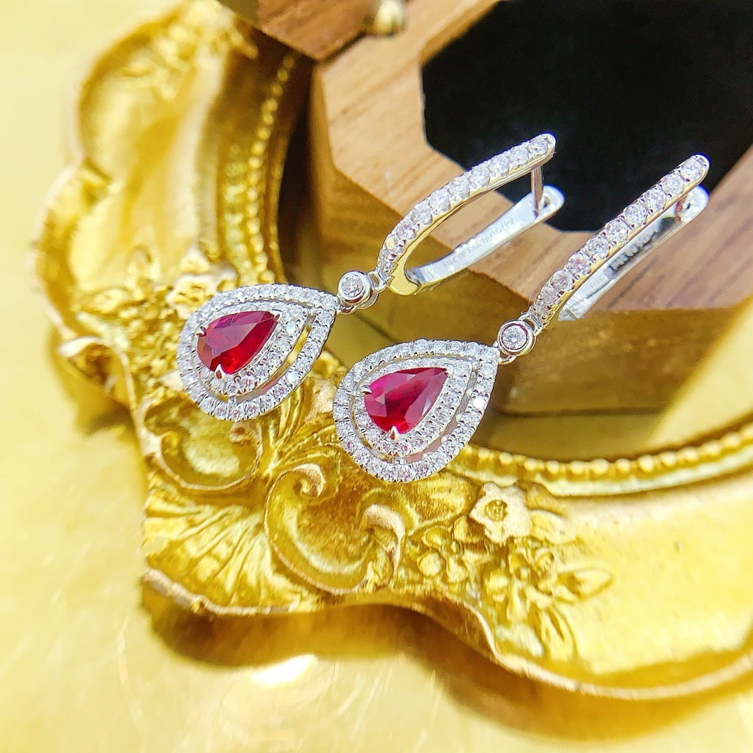 Express Shipping 18k Gold 1.40 Ctw Natural Ruby & Diamond Earrings - 4