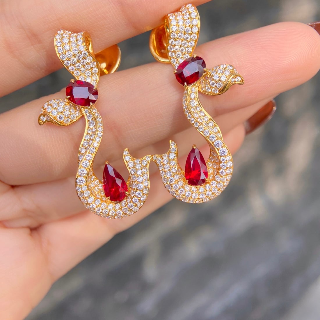 Express Shipping 18k Gold 6.07 Ctw Natural Ruby & Diamond Earrings - 2