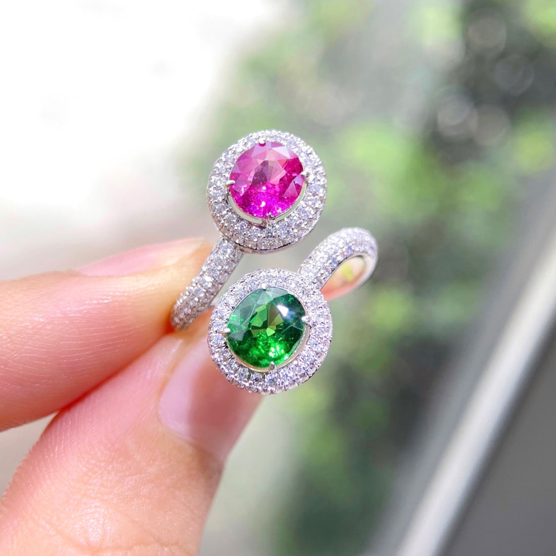 Express Shipping 18k Gold 2.74 Ctw Natural Sapphire & Tsavorite & Diamond & Toi Et Moi Ring - 3