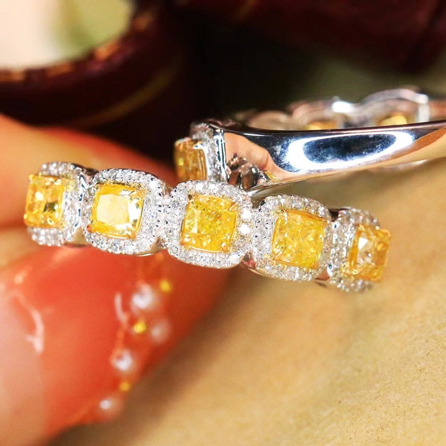 14k Gold 1.2 Ctw Natural Yellow Diamond & Diamond Ring: Ref:231119012 // gold content:14k gold // ring size:7. 25us // // main gemstone:yellow diamond // shape:cushion // carat weight:1ct // color:yellow // treatment:natural // // adjacent gemstone 2 : dia