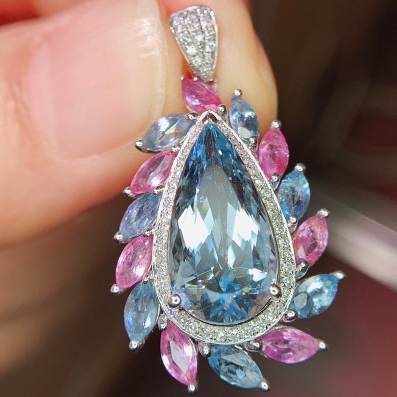 14k Gold 9.85 Ctw Natural Aquamarine & Sapphire Pendant( Without Chain ) - 3