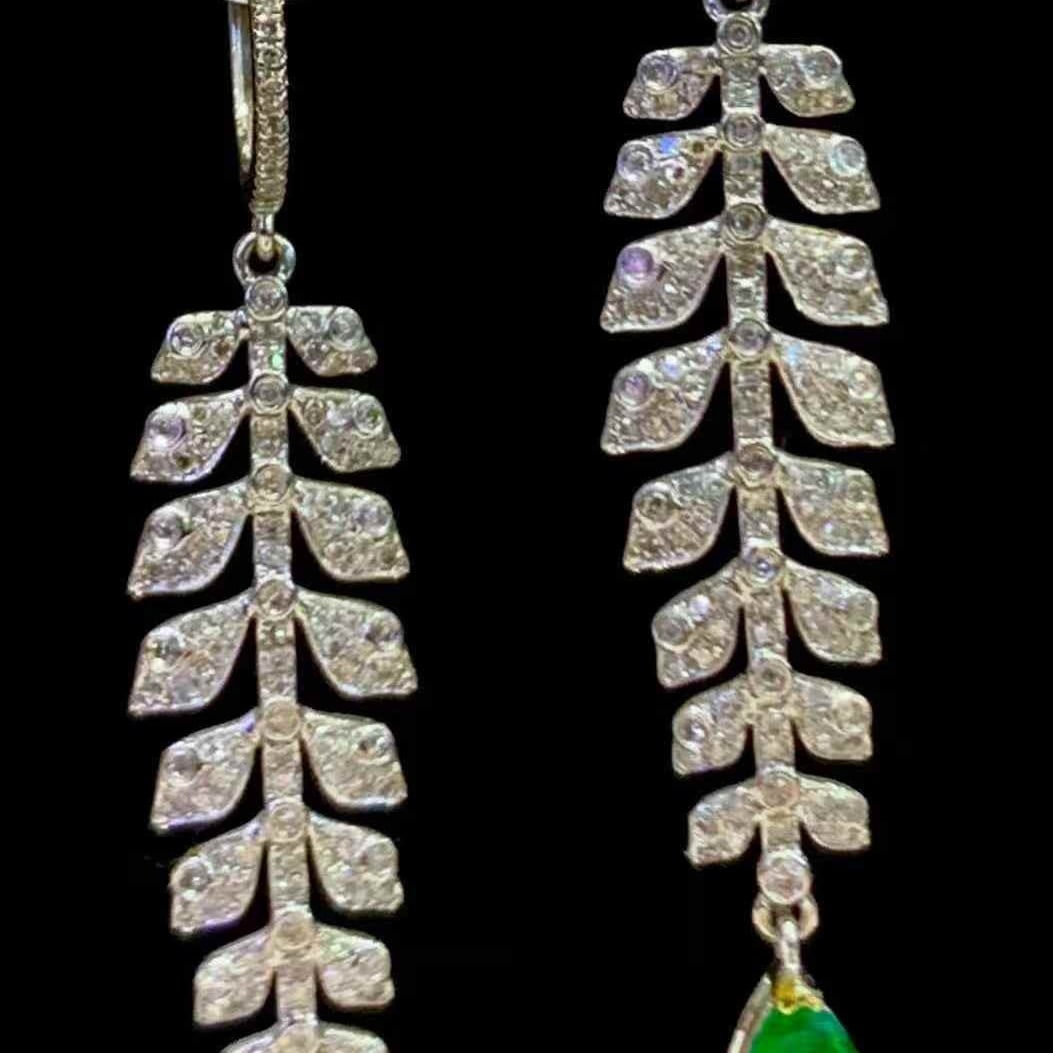 14k Gold 1.85 Ct Vivid Green Natural Emerald & Diamond Earrings - 4