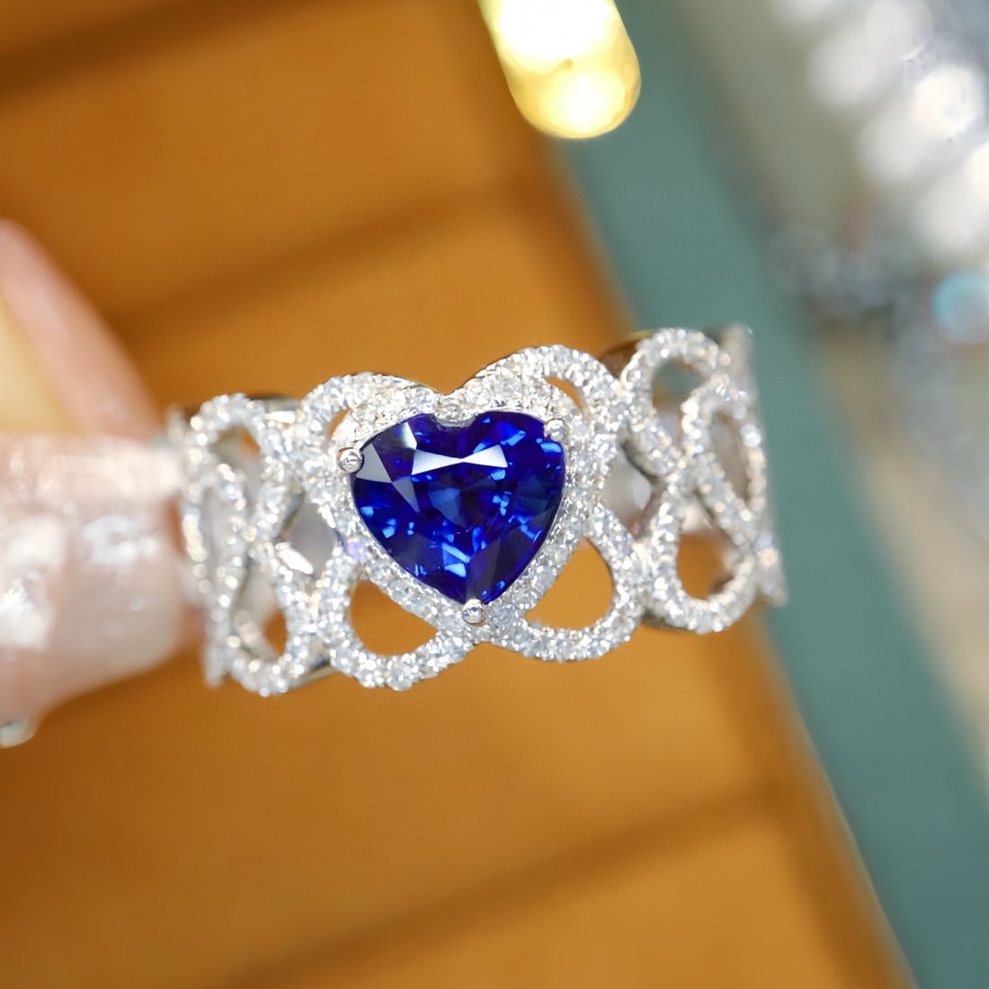 14k Gold 1.67 Ctw Natural Sapphire & Diamond Ring: Ref:231119027 // gold content:14k gold // ring size:7. 25us // // main gemstone:sapphire // shape:heart // carat weight:1. 16ct // color:blue // treatment:natural // // adjacent gemstone 2 :