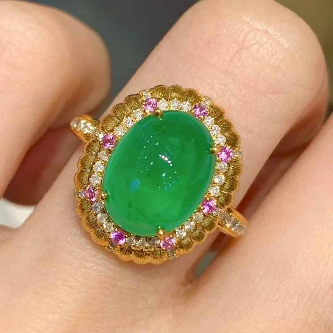 14k Gold 4.1 Ct Natural Emerald & Diamond & Sapphire Ring: Ref:231119035 // gold content:14k gold // ring size:7. 25us // // main gemstone:emerald // shape:oval // carat weight:4. 1ct // color:green // treatment:natural // // adjacent gemstone 2 : diamond