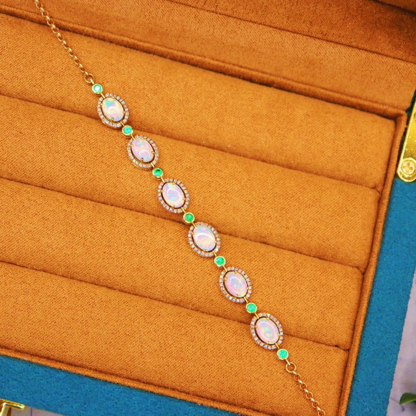 14k Gold 2.79 Ctw Natural Opal & Diamond Bracelet - 6