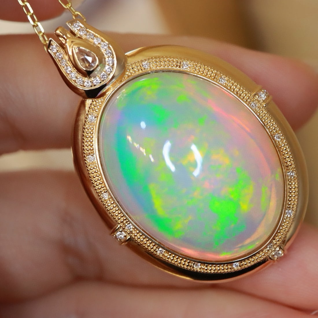 14k Gold 26.06 Ct Natural Opal & Diamond Pendant( Without Chain ) - 3