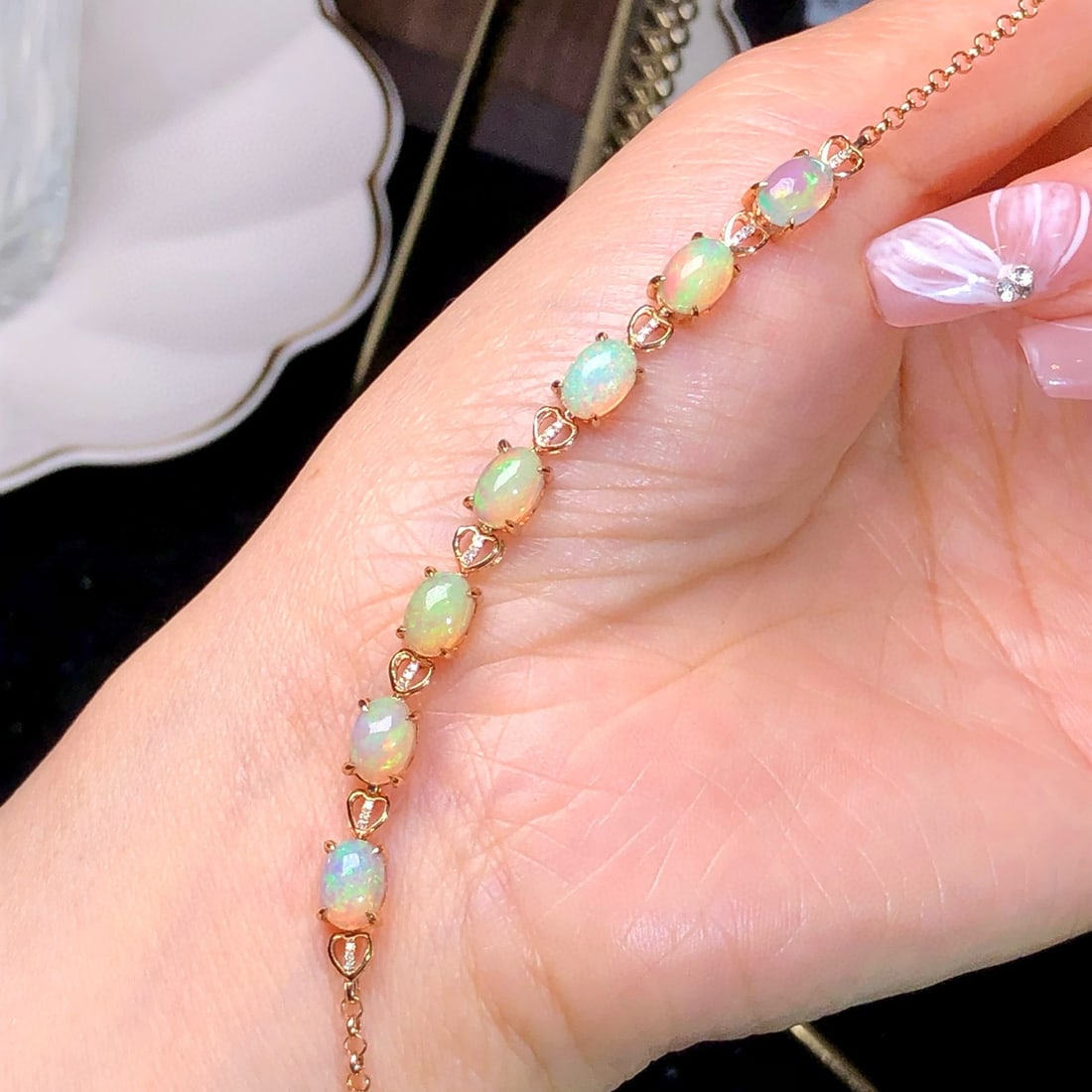 14k Gold 3.91 Ct Natural Opal & Diamond Bracelet - 2
