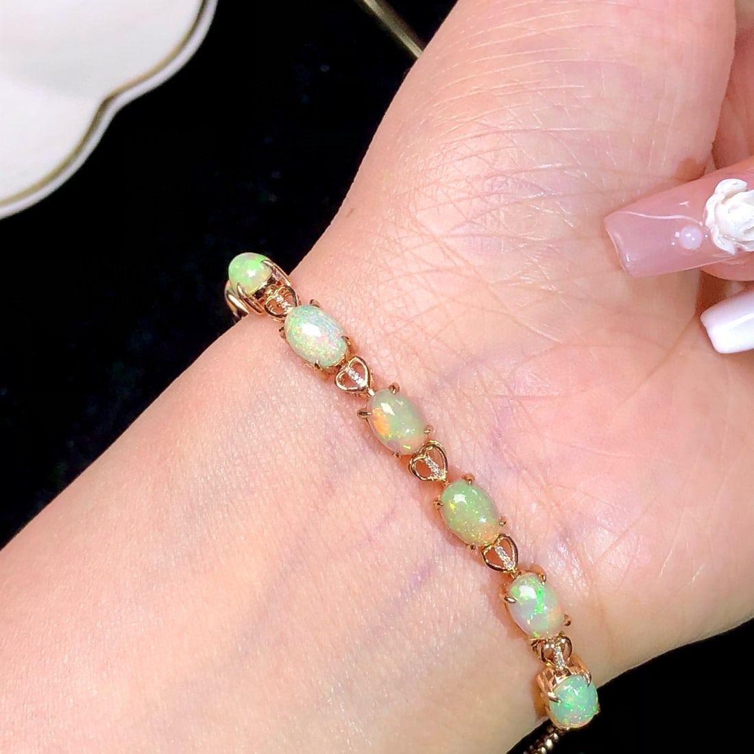 14k Gold 3.91 Ct Natural Opal & Diamond Bracelet - 5