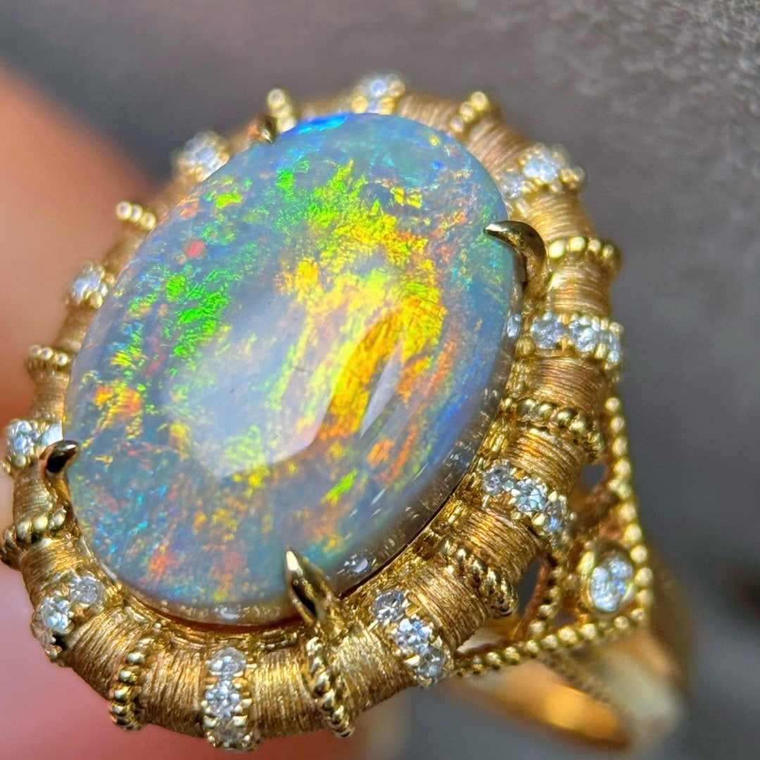 14k Gold 5.24 Ctw Natural Opal & Diamond Ring - 2