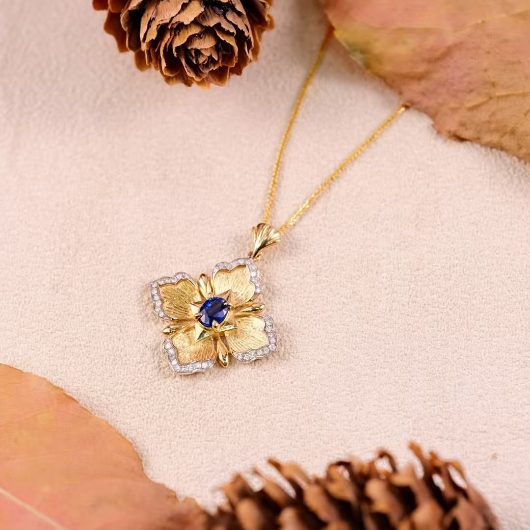 14k Gold 0.68 Ctw Natural Sapphire & Diamond Pendant( Without Chain ) - 2