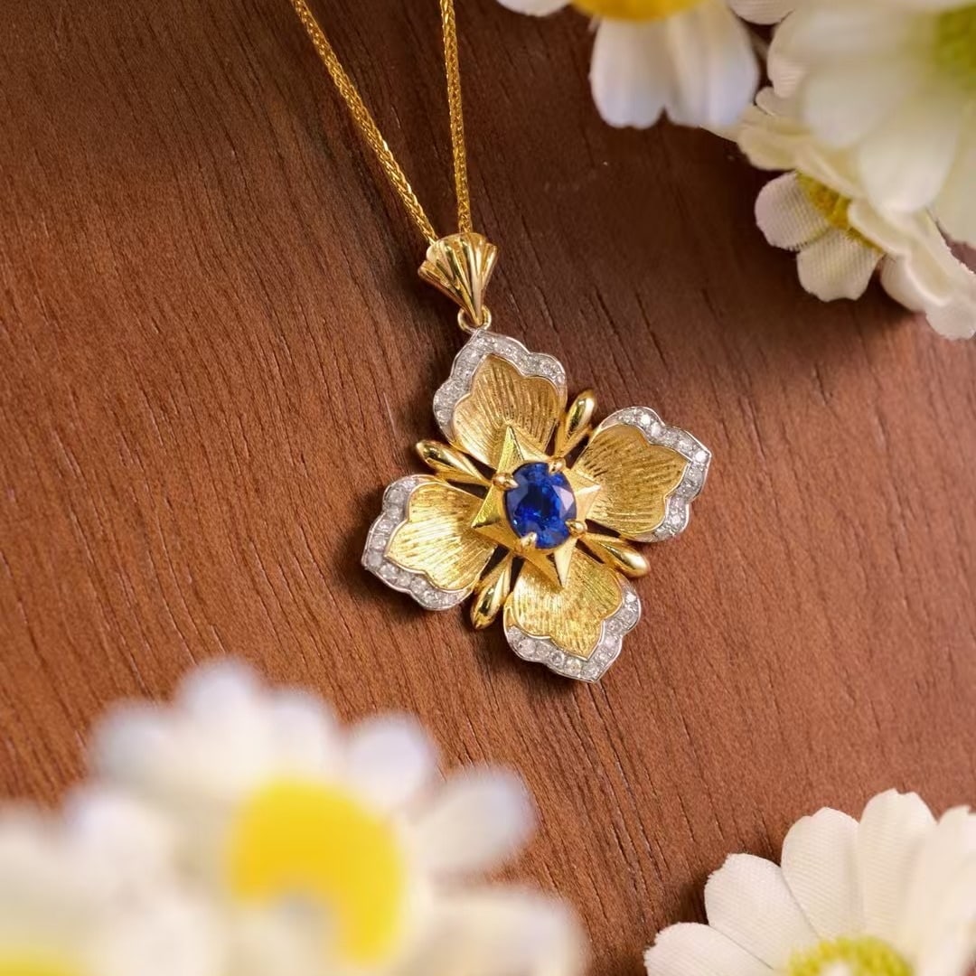 14k Gold 0.68 Ctw Natural Sapphire & Diamond Pendant( Without Chain ) - 3