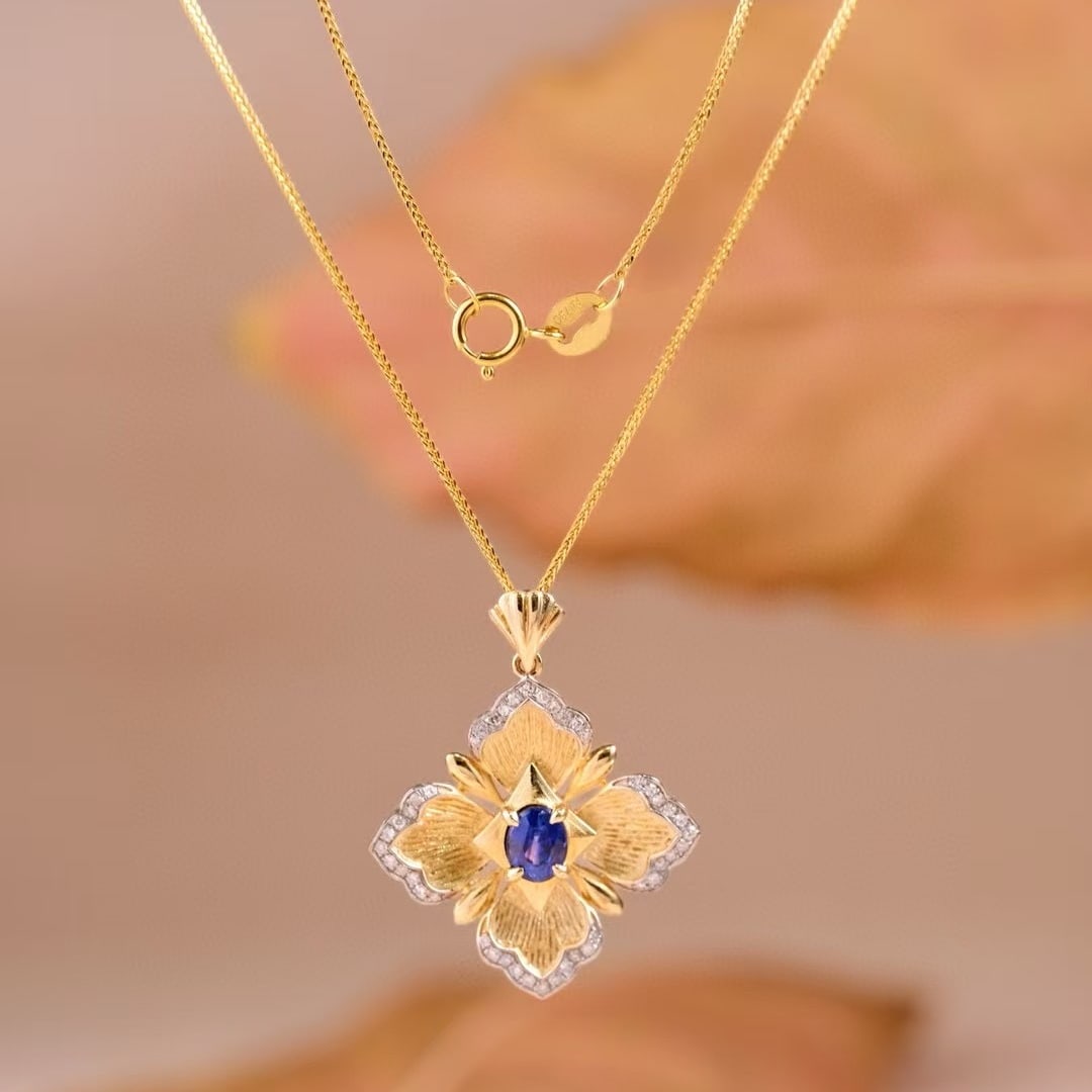 14k Gold 0.68 Ctw Natural Sapphire & Diamond Pendant( Without Chain ) - 4