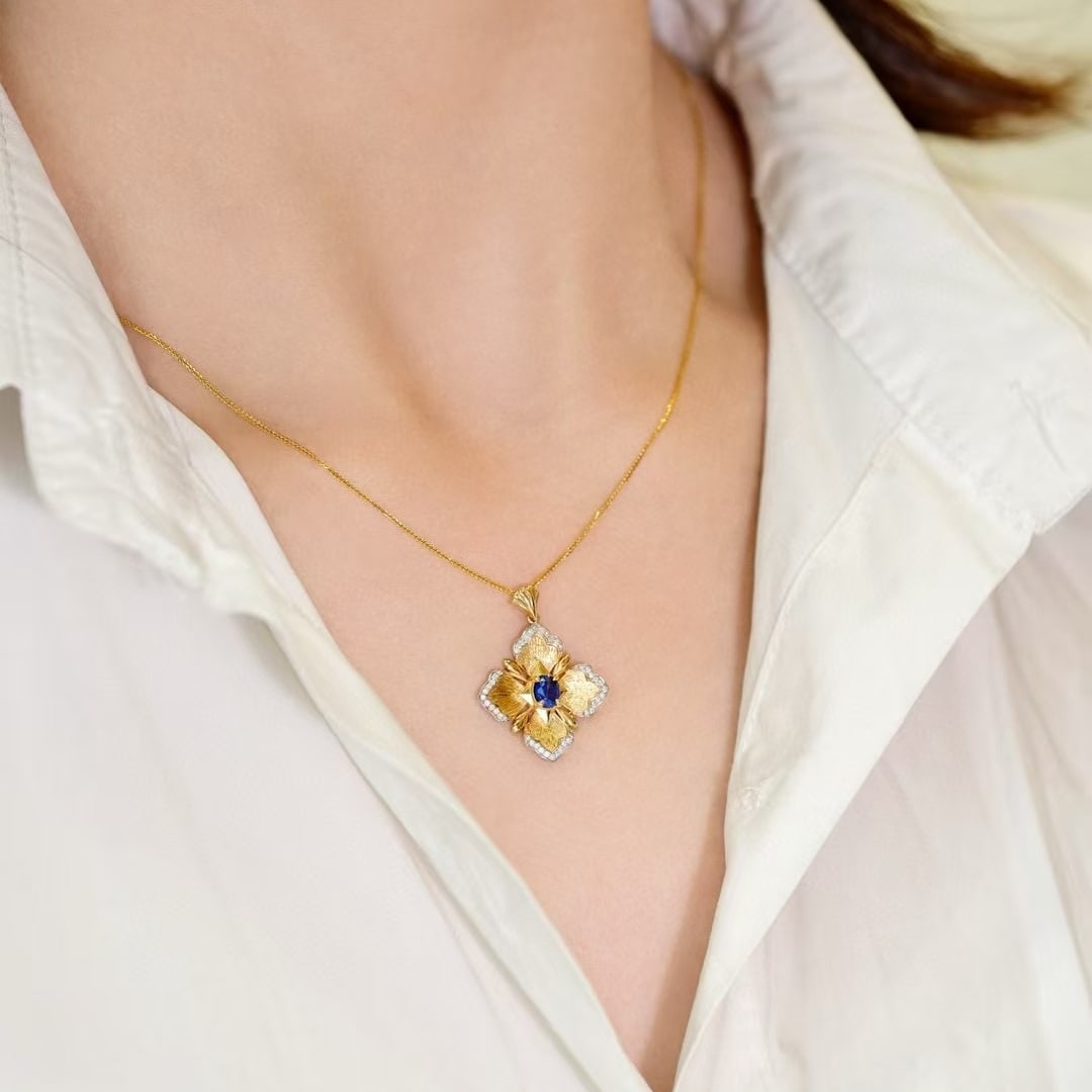 14k Gold 0.68 Ctw Natural Sapphire & Diamond Pendant( Without Chain ) - 5