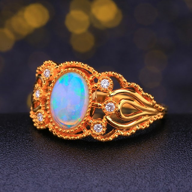 14k Gold 0.90 Ctw Natural Opal & Diamond Ring - 2