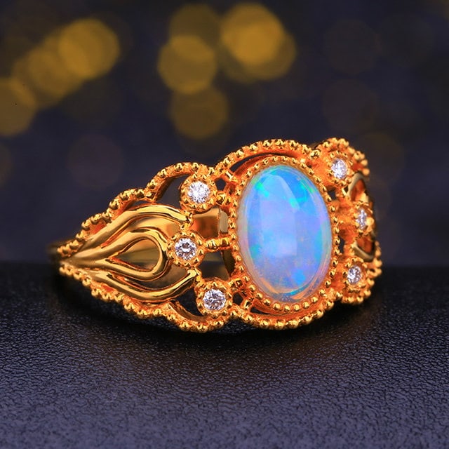 14k Gold 0.90 Ctw Natural Opal & Diamond Ring - 3