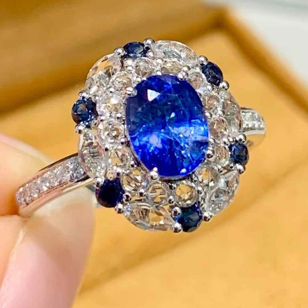 14k Gold 1.4 Ct Natural Sapphire & Diamond Ring: Ref:231119133 // gold content:14k gold // ring size:7. 25us // // main gemstone:sapphire // shape:oval // carat weight:1. 4ct // color:blue // treatment:natural // // adjacent gemstone 2 : diamond