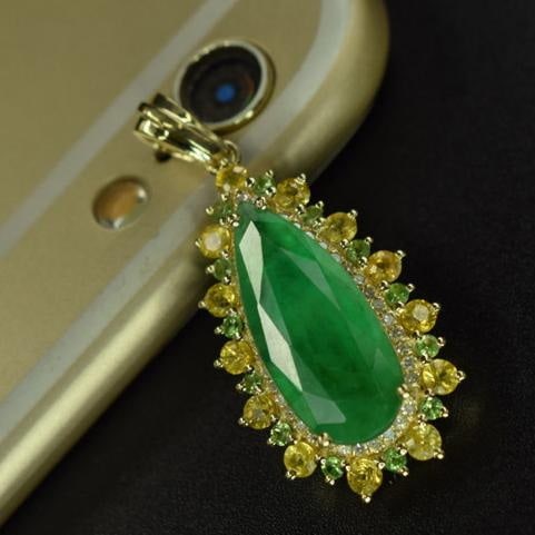 14k Gold 3.32 Ctw Natural Emerald & Tsavorite Pendant( Without Chain ) - 5