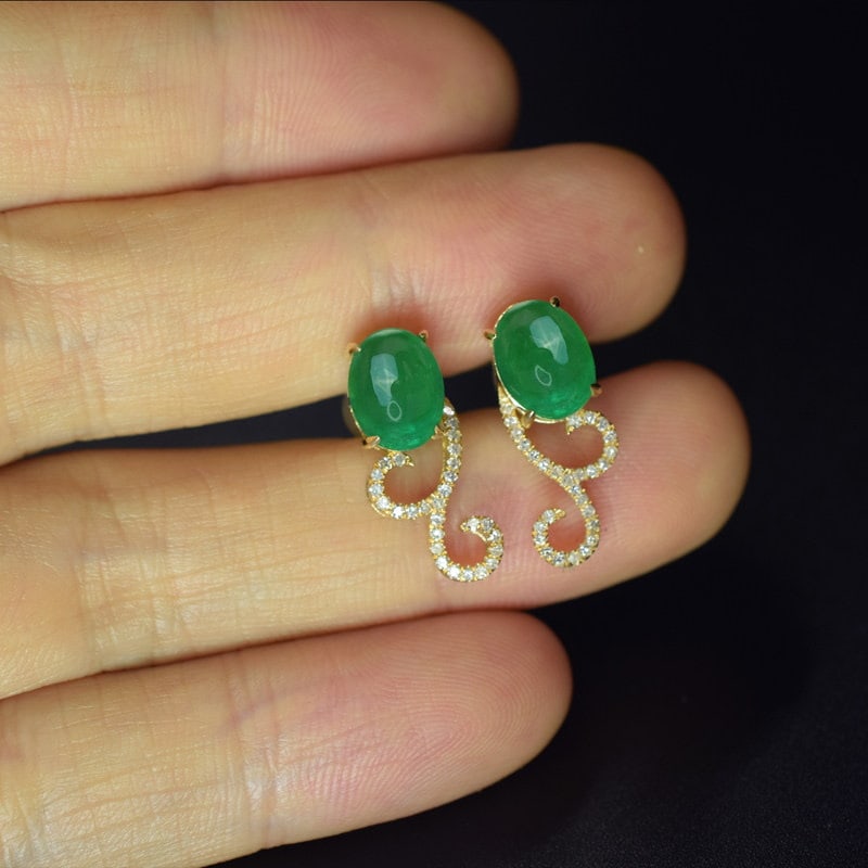 14k Gold 3.05 Ct Natural Emerald & Diamond Earrings - 2