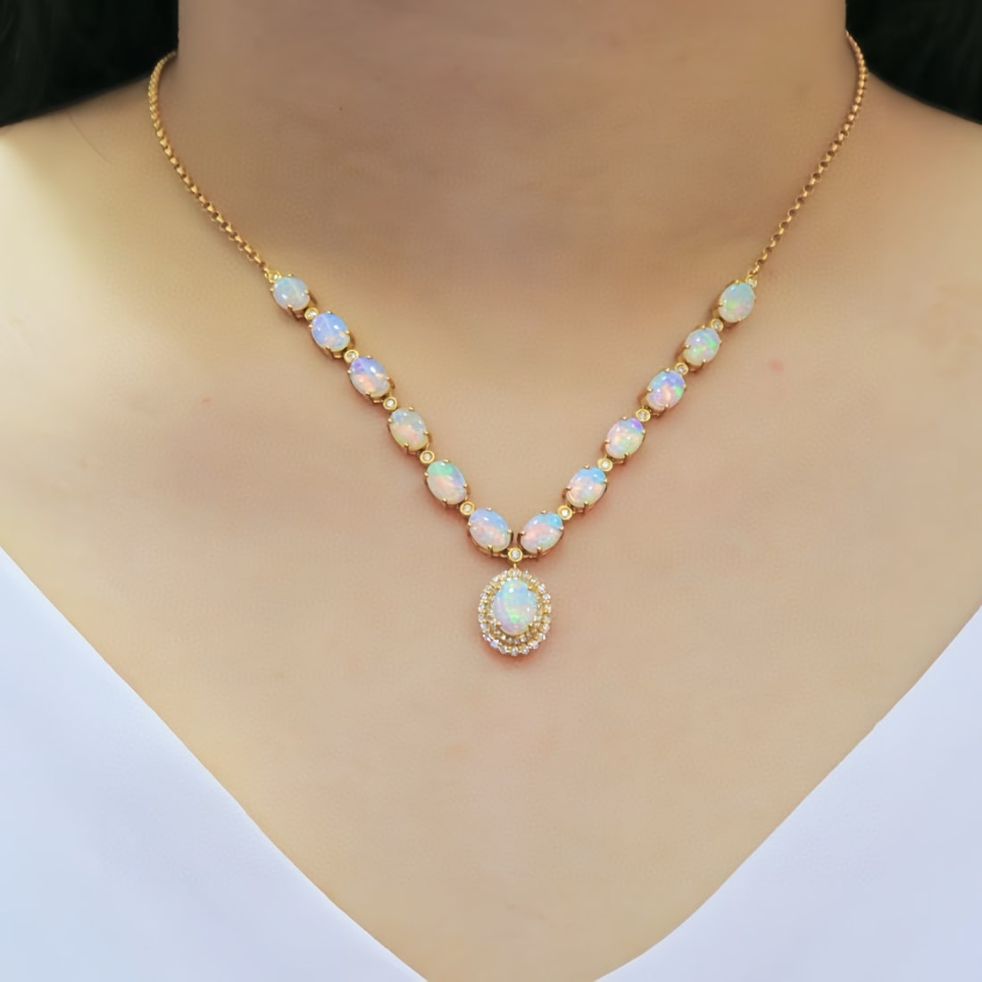14k Gold 5.78 Ctw Natural Opal & Diamond Necklace - 5