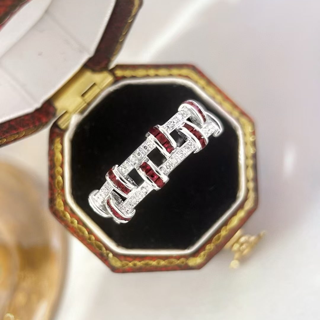 14k Gold 0.88 Ctw Natural Ruby & Diamond Ring: Ref:231119202 // gold content:14k gold // ring size:7. 25us // // main gemstone:ruby // shape:princess // carat weight:0. 75ct // color:red // treatment:natural // // adjacent gemstone 2 : diamond