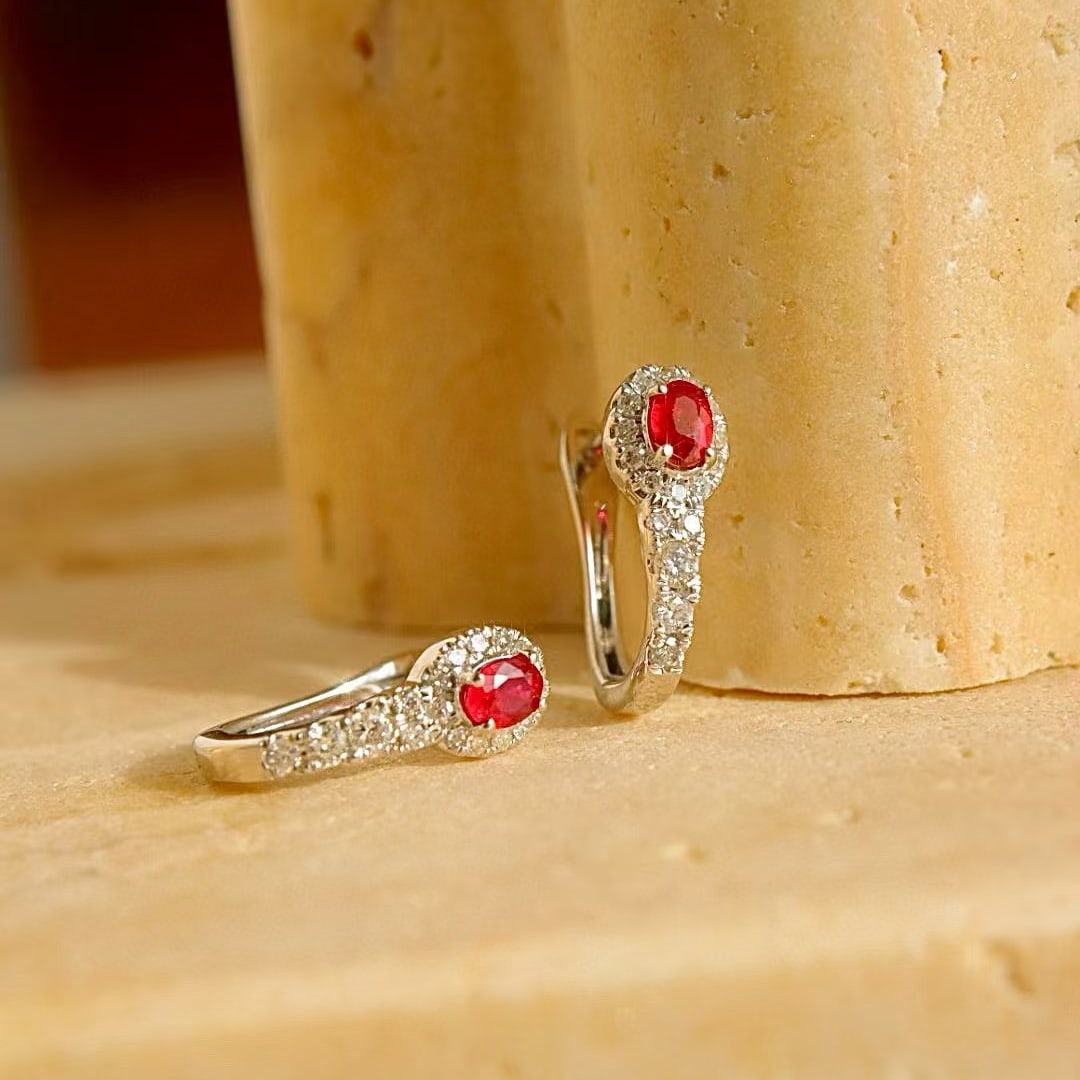 14k Gold 0.7 Ctw Natural Ruby & Diamond Earrings: Ref:231119206 // gold content:14k gold // main gemstone:ruby // shape:oval // carat weight:0. 4ct // color:red // treatment:natural // // adjacent gemstone 2 : diamond // shape:round // carat