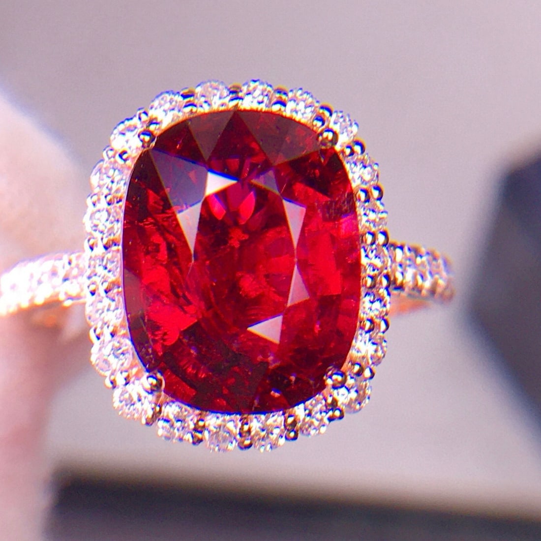 14k Gold 4.66 Ct Natural Tourmaline & Diamond Ring: Ref:231119214 // gold content:14k gold // ring size:7. 25us // // main gemstone:tourmaline // shape:cushion // carat weight:4. 66ct // color:red // treatment:natural // // adjacent gemstone 2 :