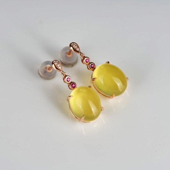 14k Gold 9.63 Ct Natural Prehnite & Diamond & Ruby Earrings - 6