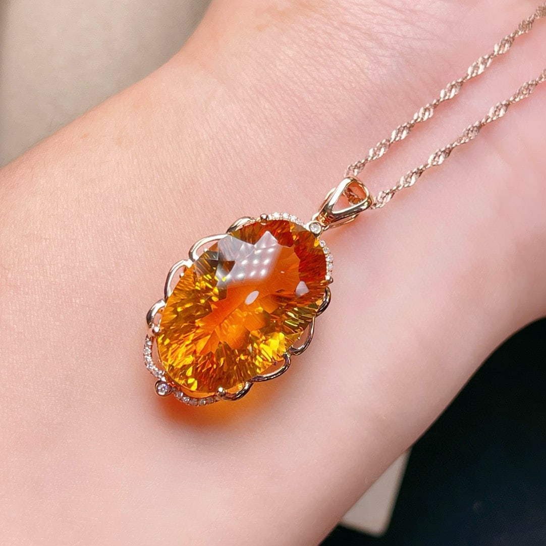 14k Gold 19.02 Ctw Natural Citrine & Diamond Pendant( Without Chain ) - 3