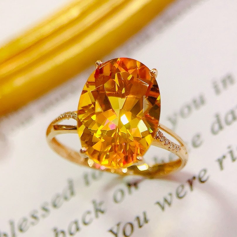 14k Gold 5.35 Ctw Natural Citrine & Diamond Ring: Ref:231119227 // gold content:14k gold // ring size:7. 25us // // main gemstone:citrine // shape:oval // carat weight:5. 3ct // color:yellow // treatment:natural // // adjacent gemstone 2 :