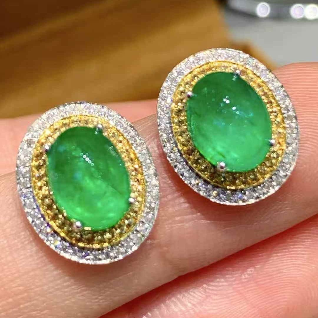 14k Gold 4.2 Ct Natural Emerald & Diamond Earrings - 2