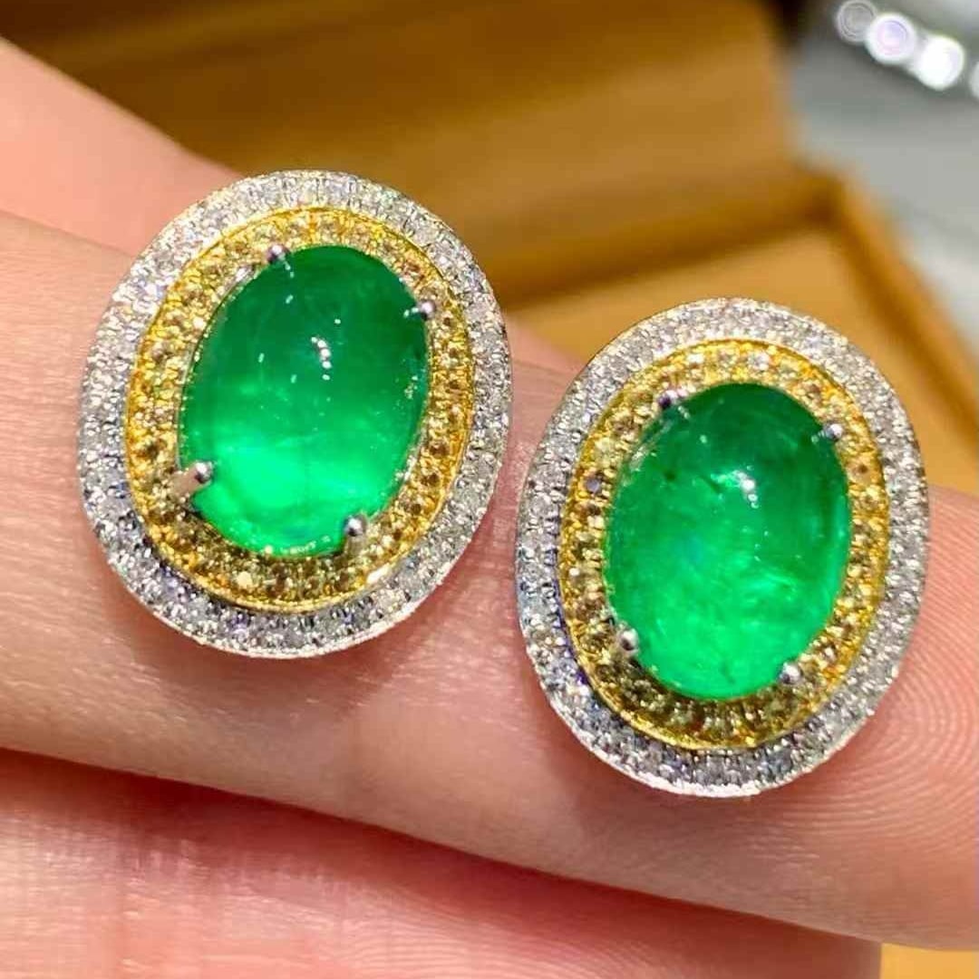 14k Gold 4.2 Ct Natural Emerald & Diamond Earrings - 4