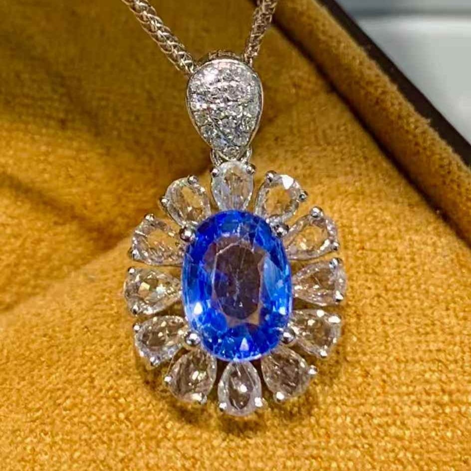 14k Gold 1.1 Ct Natural Sapphire & Diamond & Sapphire Pendant( Without Chain ): Ref:231119237 // gold content:14k gold // main gemstone:sapphire // shape:oval // carat weight:1. 1ct // color:blue // treatment:natural // // adjacent gemstone 2 : diamond // shape:round //