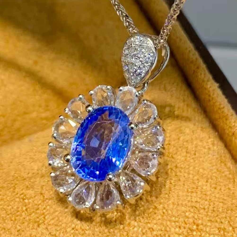 14k Gold 1.1 Ct Natural Sapphire & Diamond & Sapphire Pendant( Without Chain ) - 2
