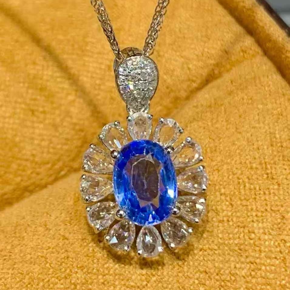 14k Gold 1.1 Ct Natural Sapphire & Diamond & Sapphire Pendant( Without Chain ) - 3