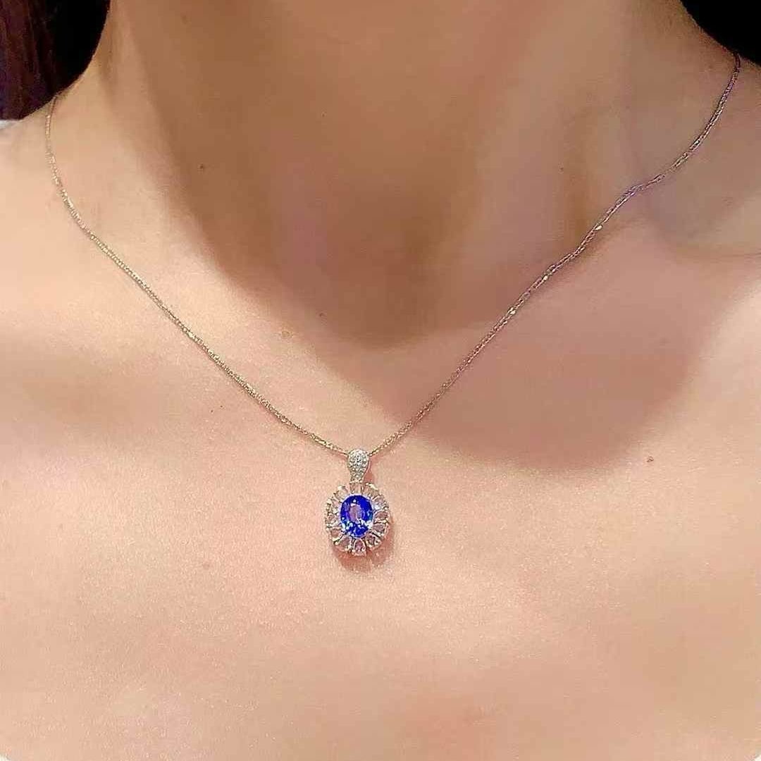 14k Gold 1.1 Ct Natural Sapphire & Diamond & Sapphire Pendant( Without Chain ) - 4