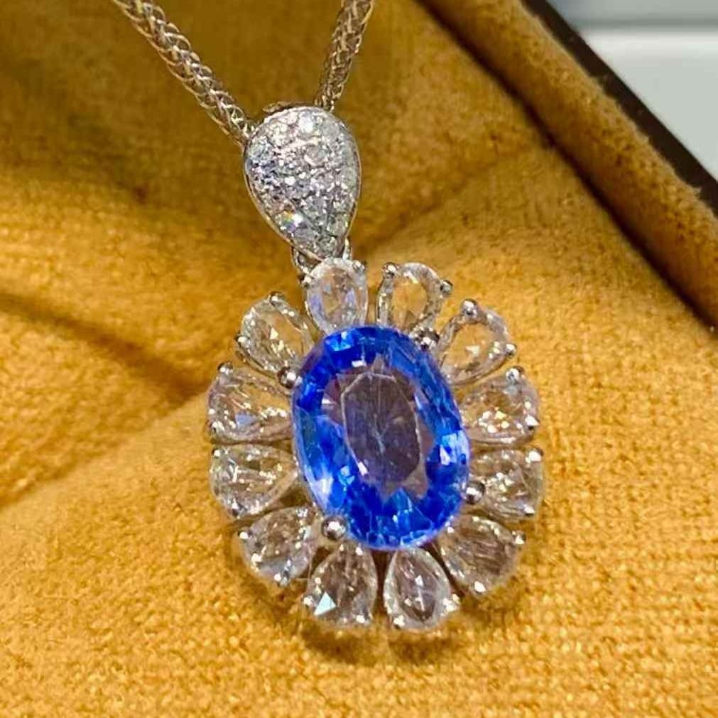 14k Gold 1.1 Ct Natural Sapphire & Diamond & Sapphire Pendant( Without Chain ) - 5