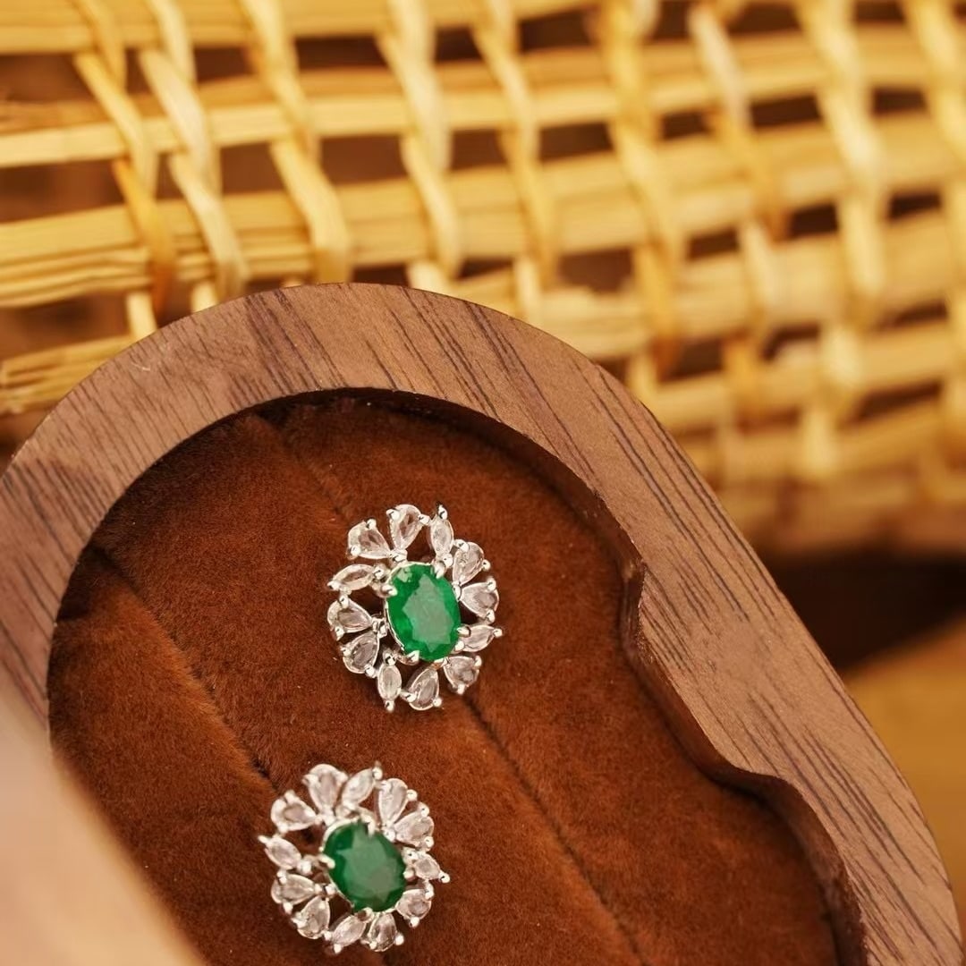 14k Gold 2.10 Ctw Vivid Green Natural Emerald & Sapphire Earrings - 4